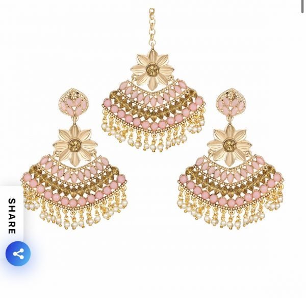 Gold Plated Pink Colour Stone & Kundan Manag Tikkah with Earrings