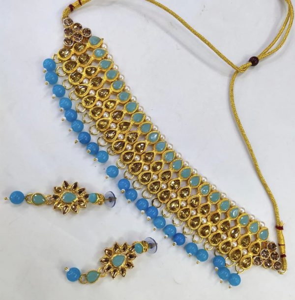 Gold Plated Kundan Stone & Beads Choker Set