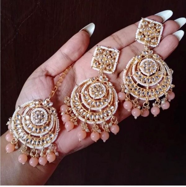 Gold Plated Kundan & Beads Earrings With Maangtik