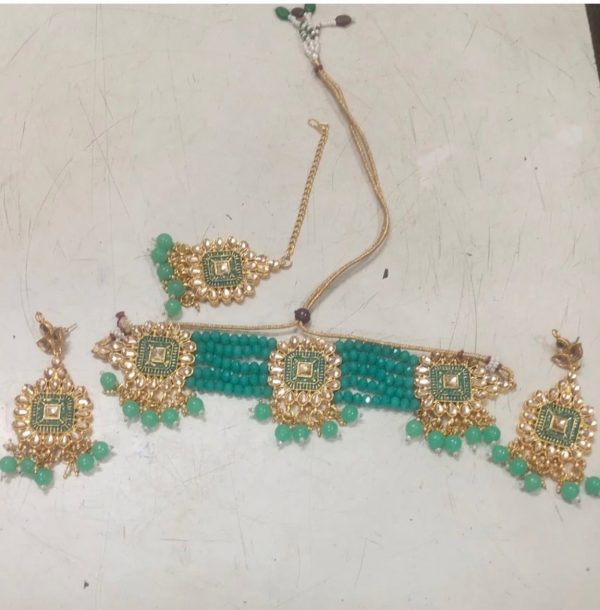 Gold Plated Kundan Stone & Beads Necklace Set