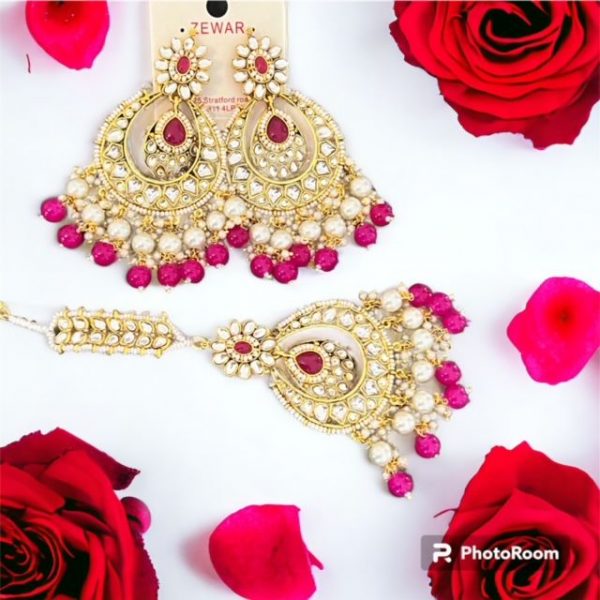 Gold Plated Kundan & Beads Earrings with Tikka